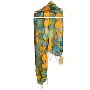 Fleurs Elegant Additions Silk Scarf NWT Yellow Blue Green Abstract Art to Wear